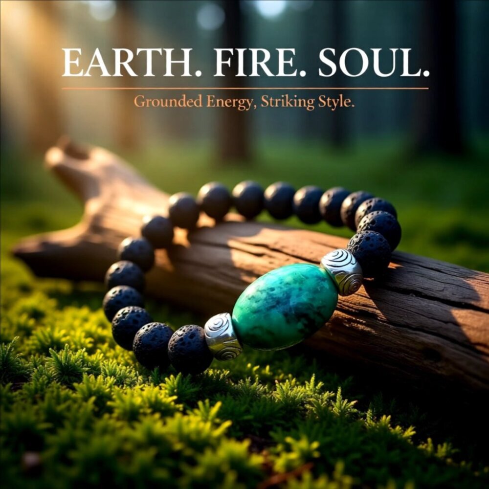 Chrysacolla & Black Lava Rock Bracelet! Thick, Solid & Chunky! Heavy Stone Beads